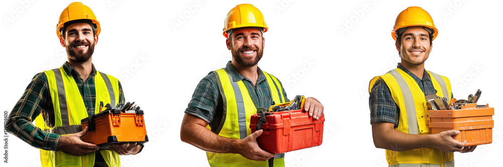 A Set of Cheerful Construction Worker Demonstrating Skilled Workmanship and Safety Spirit with Dynamic Onsite Vibes Isolated on transparent Background A Set of Cheerful Construction Worker Demonstrating Skilled Workmanship and Safety Spirit with Dynamic Onsite Vibes Isolated on transparent Background