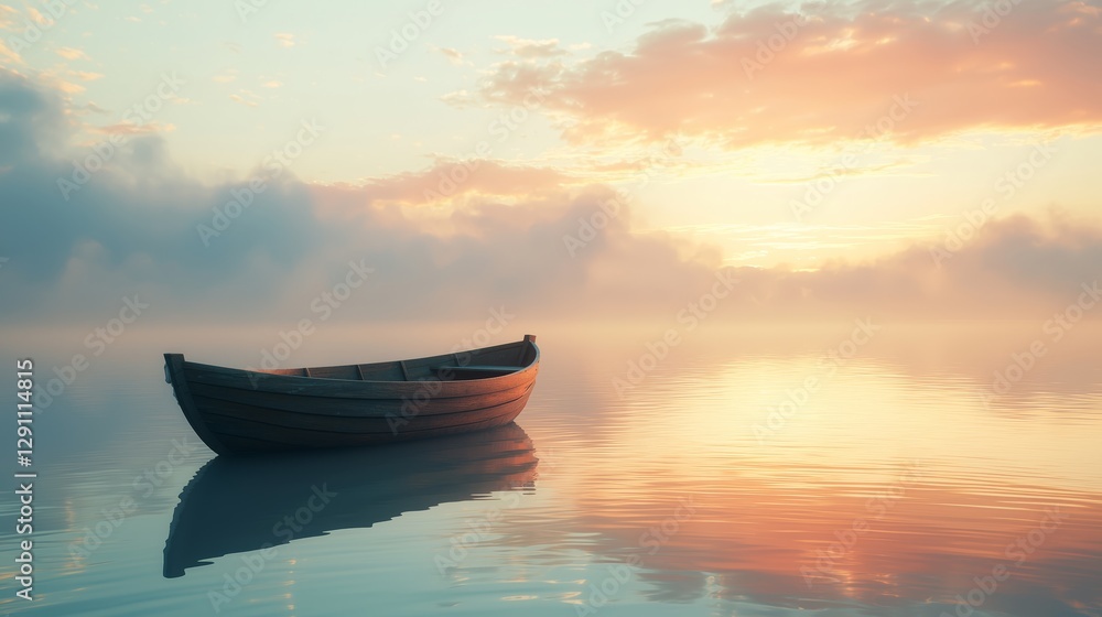Serene Sunrise Reflected in Calm Waters with Boat Serene Sunrise Reflected in Calm Waters with Boat