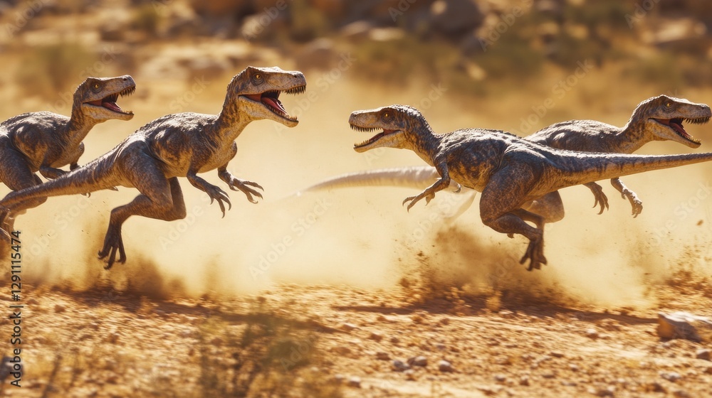 Fototapeta premium Four Raptors Running Across a Dusty Desert Landscape