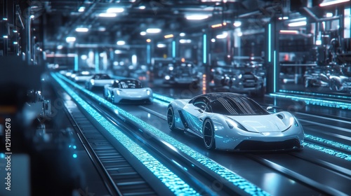 Futuristic Car Assembly Line Sleek White Vehicles Moving on a Glowing Blue Conveyor Belt in a Modern Factory