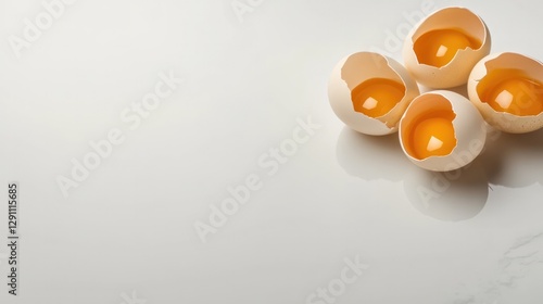 Delicate egg shells with vibrant yolks create an artistic culina photo