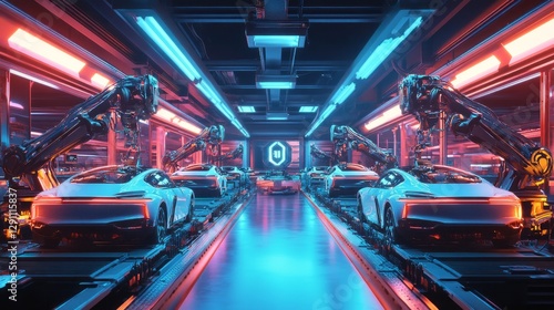 Futuristic Car Assembly Line with Robots under Neon Lights