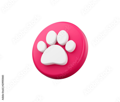 Pink circular button with a white paw print symbol, representing pets or animals. 3D Illustration