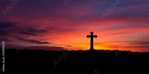 Wallpaper Mural A silhouette of a cross against a stunning, colorful sunset sky, evoking a peaceful and spiritual atmosphere. Torontodigital.ca
