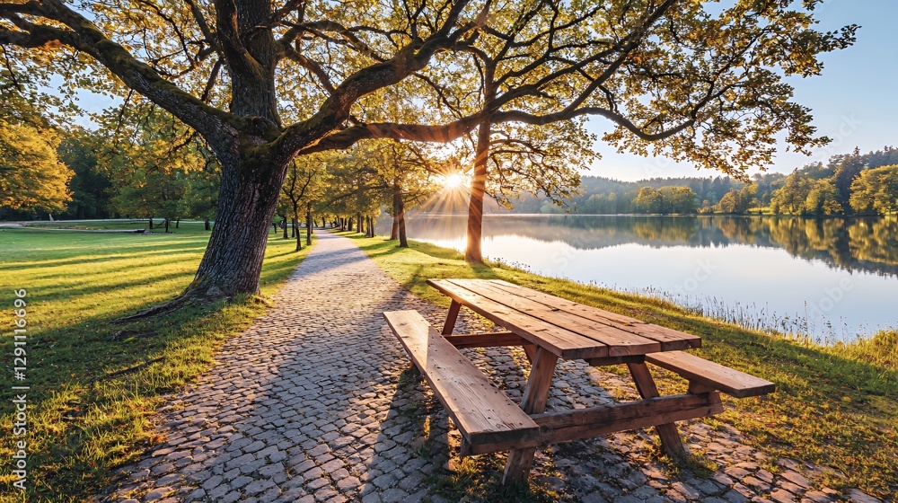 Serene Lakeside Park at Sunset with Picnic Table Serene Lakeside Park at Sunset with Picnic Table