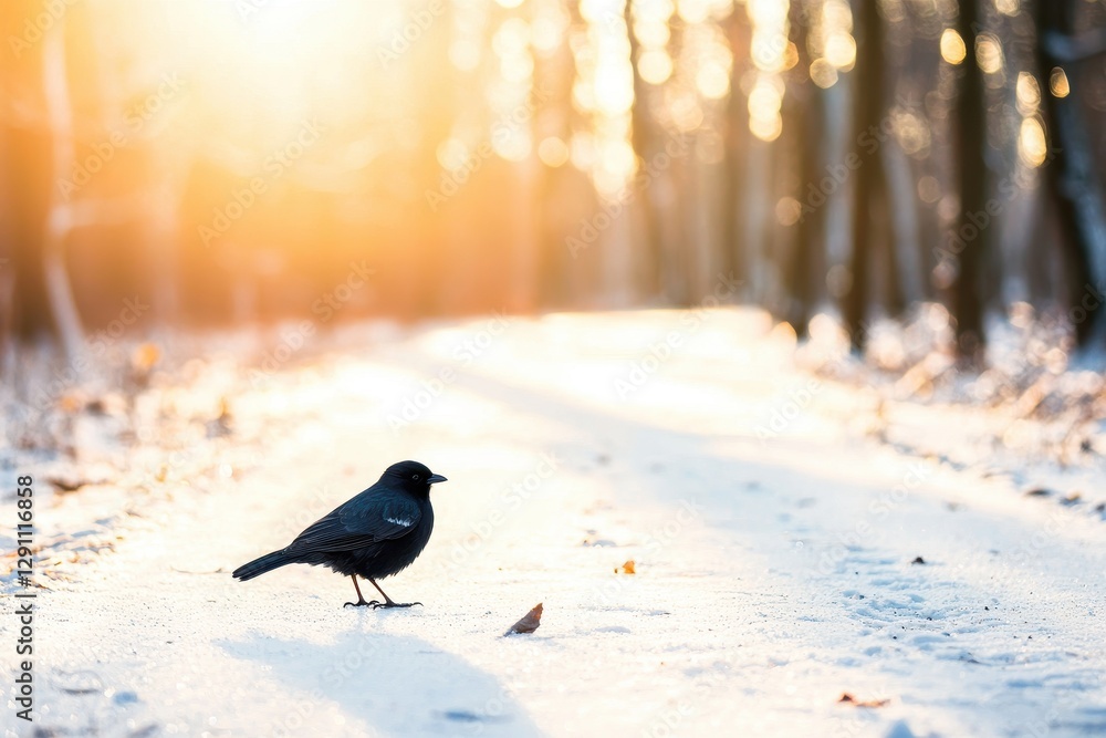 Fototapeta premium Blackbird on Snowy Path Winter Sunset Nature Scene Woodland Bird