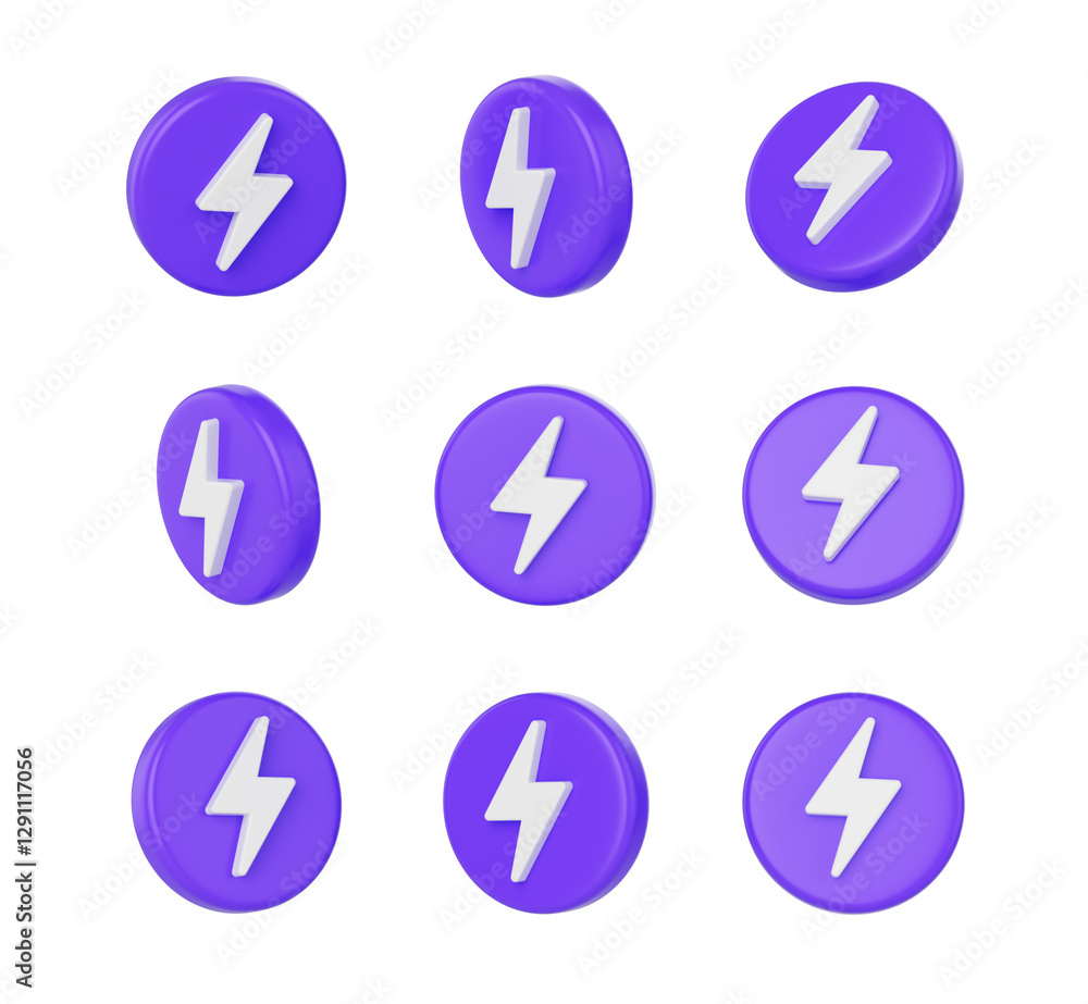 Purple icons with a white lightning bolt symbol, symbolizing energy, power and speed, 3d illustration Purple icons with a white lightning bolt symbol, symbolizing energy, power and speed, 3d illustration