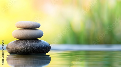 self-care routines mindfulness balance. A serene stack of smooth stones rests on calm water, surrounded by a soft-focus natural backdrop, evoking peace and tranquility.