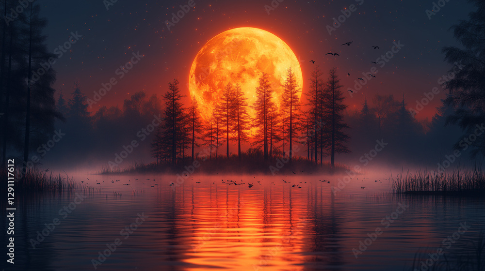 Majestic red moon reflected on tranquil lake at sunset with misty silhouette Majestic red moon reflected on tranquil lake at sunset with misty silhouette