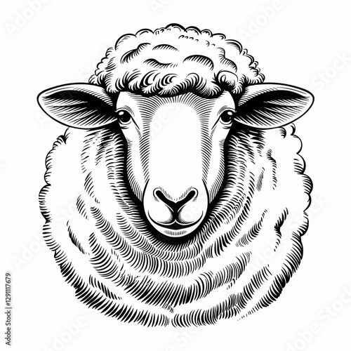Vintage Engraving of a Fluffy Sheep