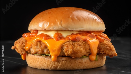 The image showcases a close-up of a decadent chicken sandwich against a dark background