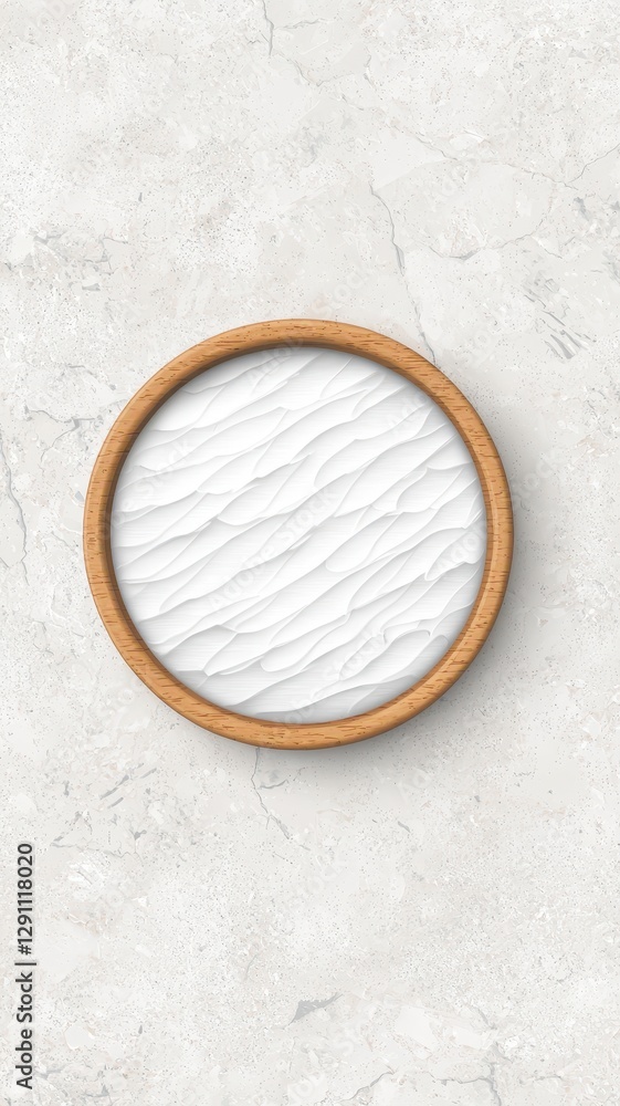 White textured surface in a wooden round frame on marble background Perfect for design projects or website backgrounds White textured surface in a wooden round frame on marble background Perfect for design projects or website backgrounds