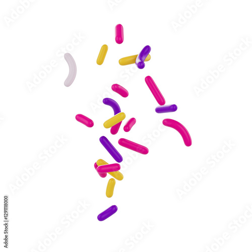Bright and colorful candy sprinkles scattered and floating in mid-air, 3d illustration