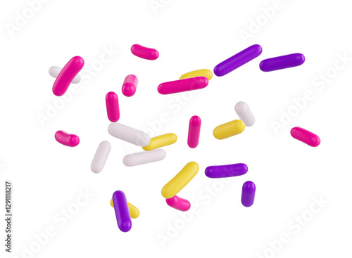 Bright and colorful candy sprinkles scattered and floating in mid-air, 3d illustration
