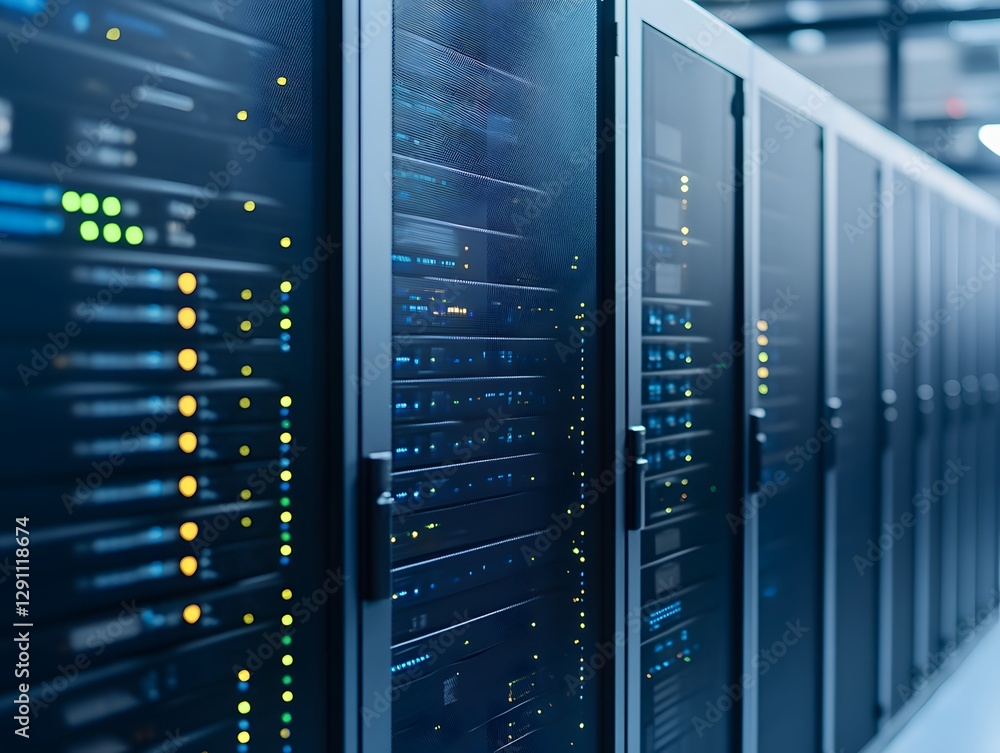 Close-up view of server racks in a data center, showcasing blinking lights and technology Close-up view of server racks in a data center, showcasing blinking lights and technology