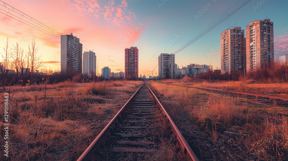 Abandoned railway track leading into a cityscape with high-rise buildings at sunset, surrounded by overgrown vegetation Abandoned railway track leading into a cityscape with high-rise buildings at sunset, surrounded by overgrown vegetation