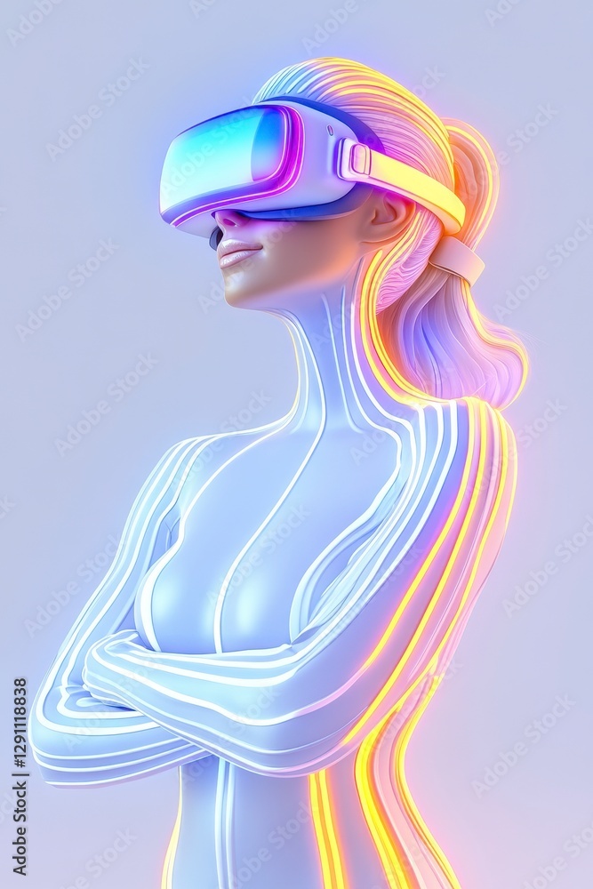 Woman In Virtual Reality Headset Futuristic Attire Glowing Lines Woman In Virtual Reality Headset Futuristic Attire Glowing Lines