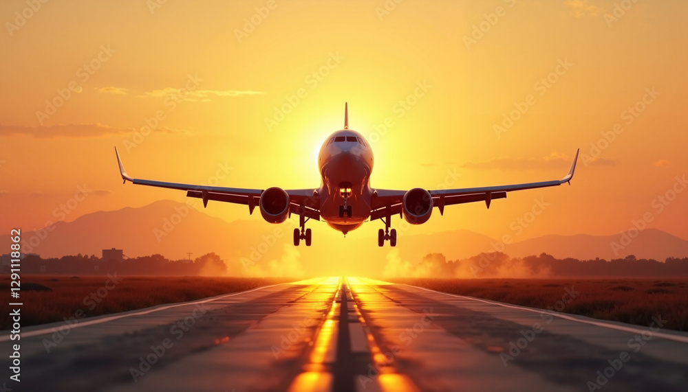 Fototapeta premium Airplane taking off at sunset over runway
