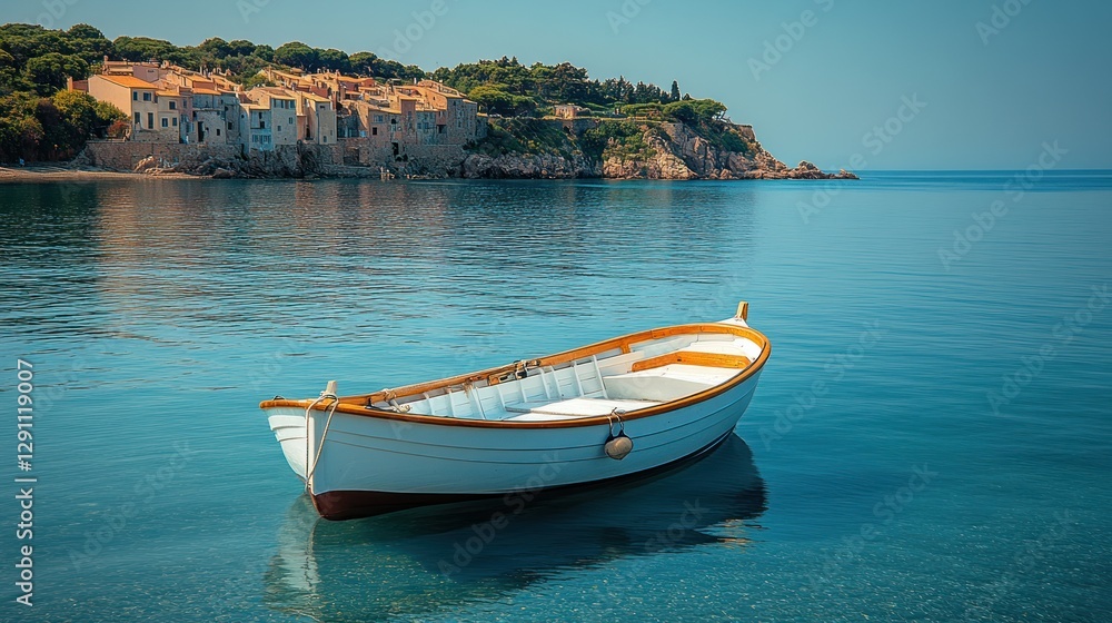 Fototapeta premium Serene Coastal Village with Rowboat