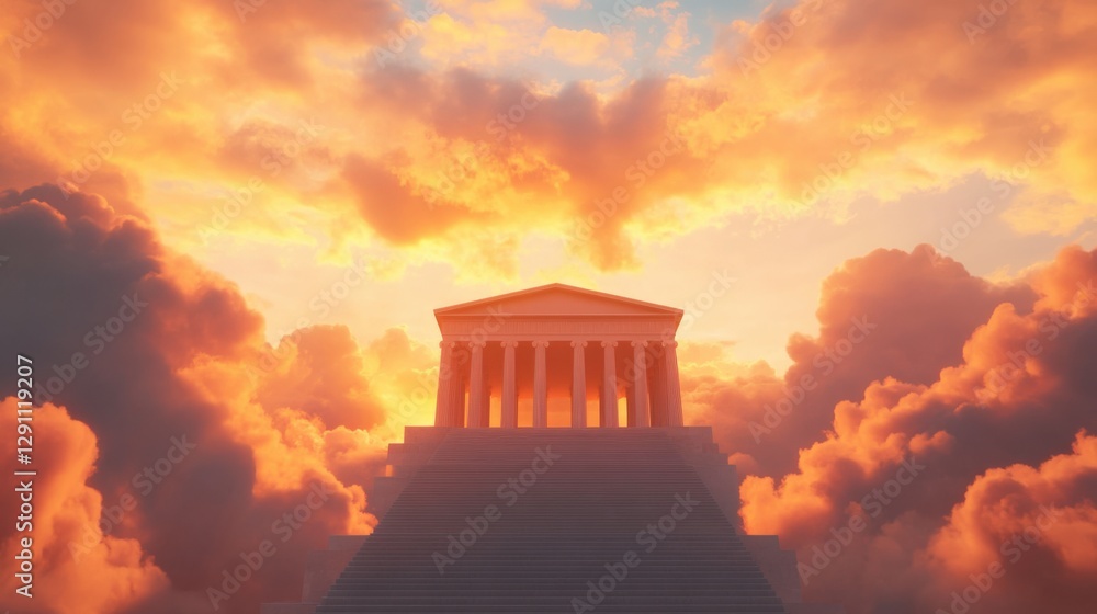 Fototapeta premium Temple on Stairway to Heaven with Orange Clouds