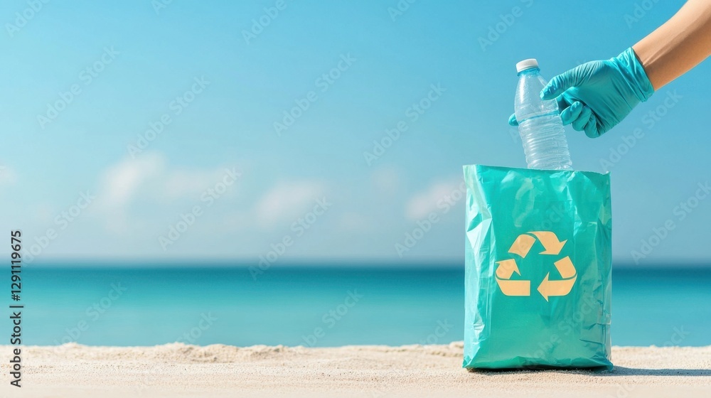 Hand in blue gloves placing a plastic bottle into a recycling bag on a sunny beach with clear blue sky and ocean in the background Hand in blue gloves placing a plastic bottle into a recycling bag on a sunny beach with clear blue sky and ocean in the background
