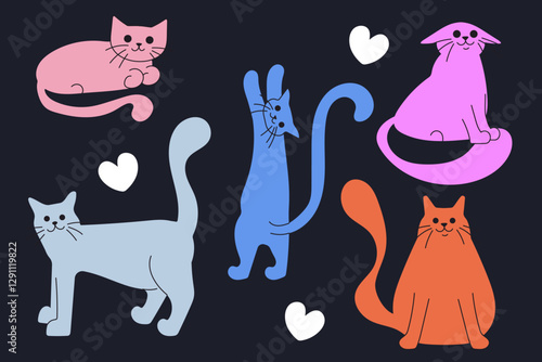 Set with colorful cats. Cartoon style sitting and lying pets. Hand drawn vector illustration. 