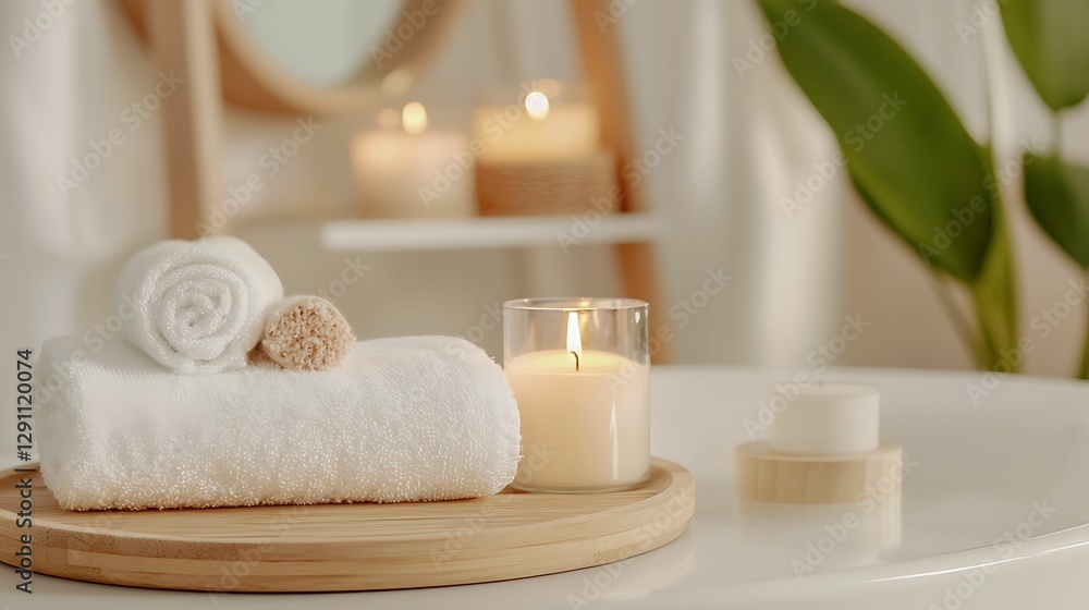 self-care routines mindfulness balance. A serene spa scene featuring rolled towels, a lit candle, and a calming plant, creating a relaxing atmosphere. self-care routines mindfulness balance. A serene spa scene featuring rolled towels, a lit candle, and a calming plant, creating a relaxing atmosphere.