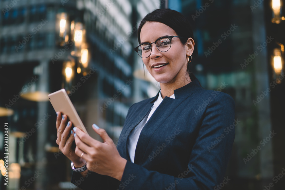 Fototapeta premium Female office worker in formal wear smiling while using digital tablet at city street
