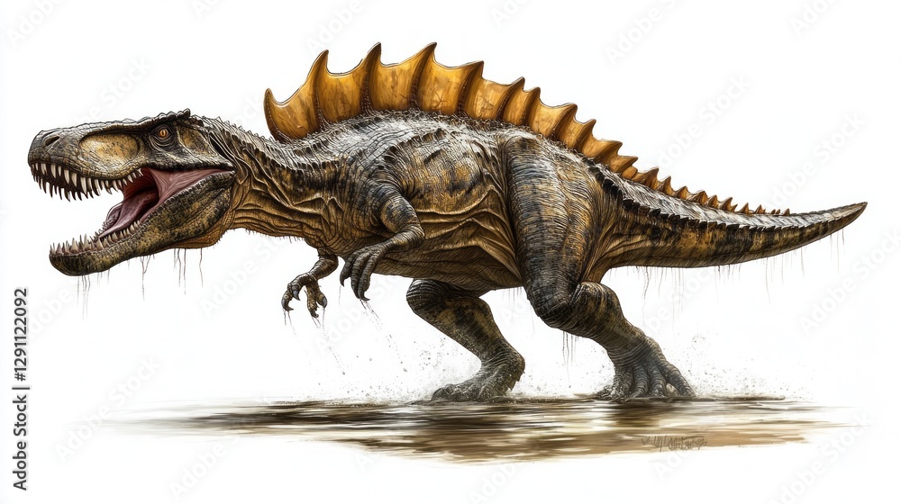 Obraz premium Powerful Gray and Gold Dinosaur Roaring in Mud, Detailed Digital Painting