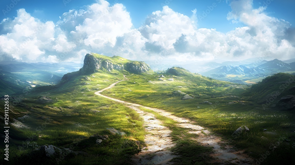 Fototapeta premium Serene Landscape with Winding Path Through Lush Green Hills