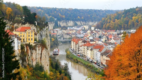 Scenic River View with Autumn Colors and Charming Town Landscape