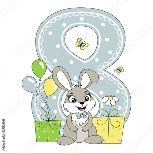 Wallpaper Mural Cute bunny with balloons, happy birthday eight year old, eight month old. Happy birthday card with character Rabbit. For design, decor, print, greeting cards. Torontodigital.ca