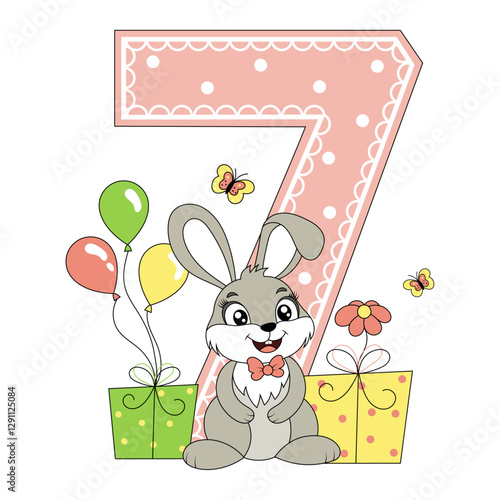 Wallpaper Mural Cute bunny with balloons, happy birthday seven year old, seven month old. Happy birthday card with character Rabbit. For design, decor, print, greeting cards. Torontodigital.ca
