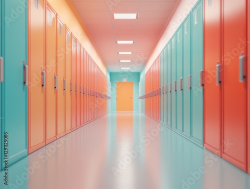 school hallway with lockers and a door