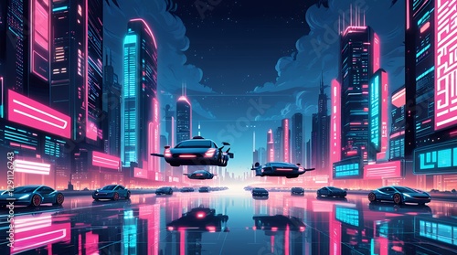 Futuristic vector illustration of a high-tech city with flying cars, digital billboards, and vibrant neon lights, symbolizing technological innovation.