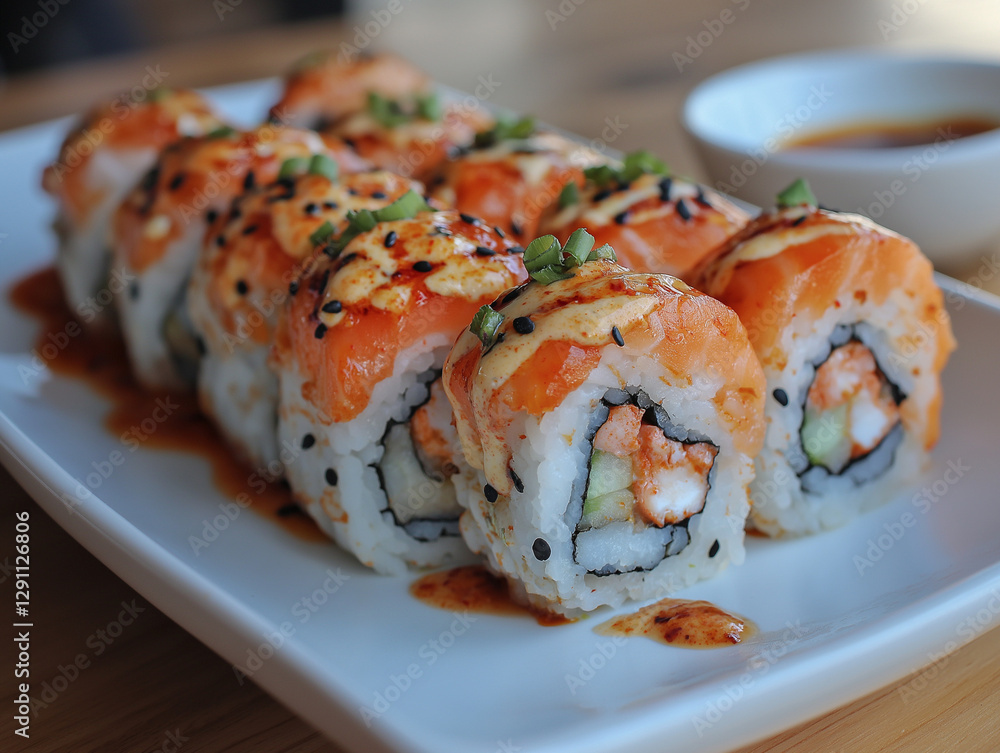 A Gourmet Fusion Sushi Roll Topped with Torched Salmon and Spicy Mayo A Gourmet Fusion Sushi Roll Topped with Torched Salmon and Spicy Mayo