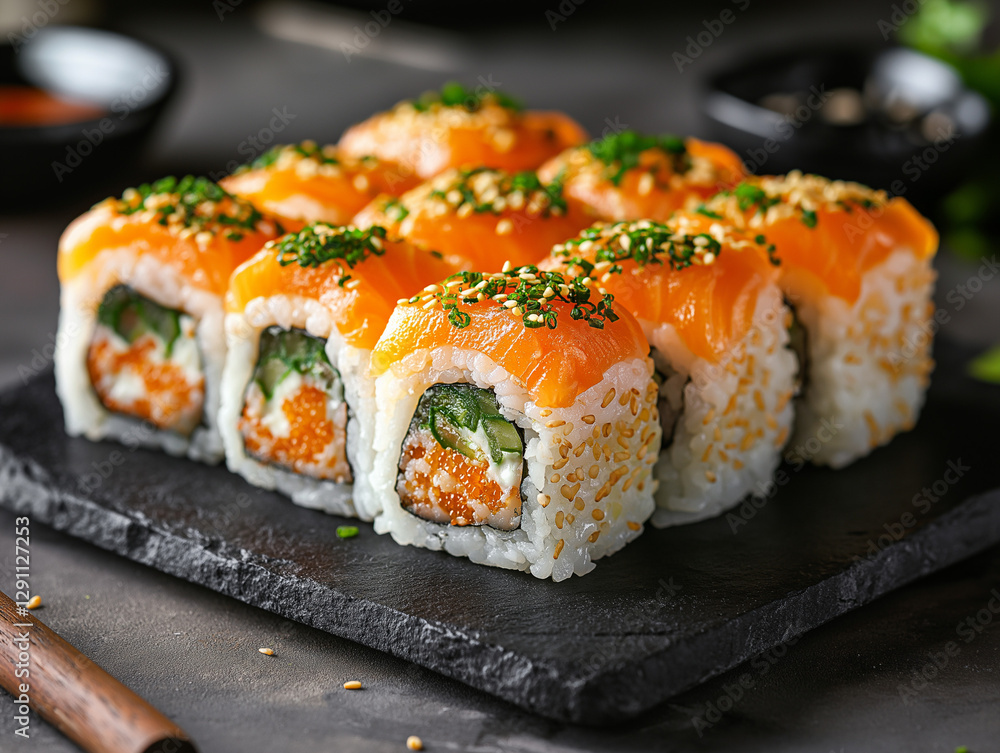A Gourmet Fusion Sushi Roll Topped with Torched Salmon and Spicy Mayo A Gourmet Fusion Sushi Roll Topped with Torched Salmon and Spicy Mayo