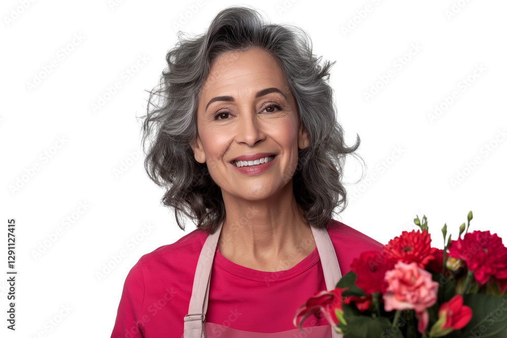 Smiling middle-aged Latina florist holding bouquet of flowers isolated on transparent white background Smiling middle-aged Latina florist holding bouquet of flowers isolated on transparent white background