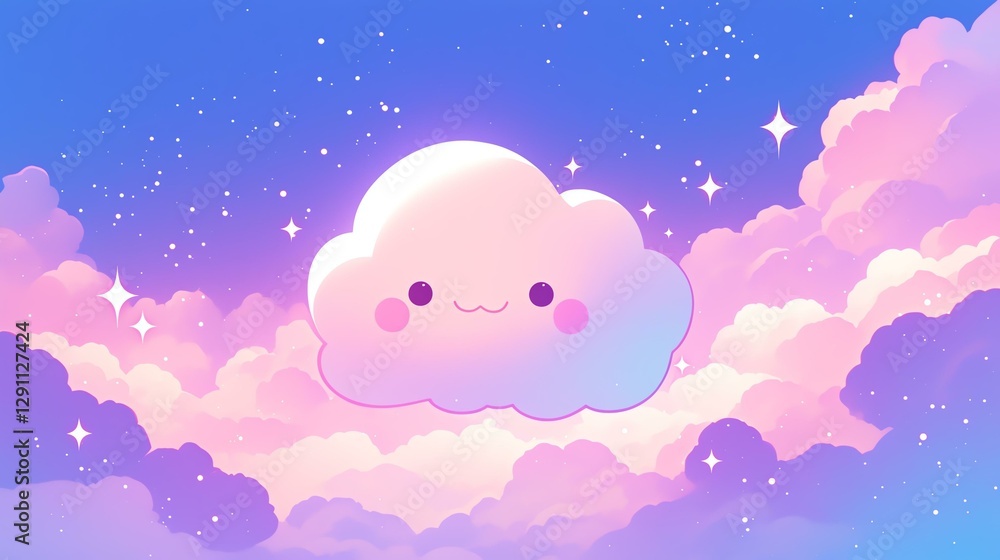 A cute cartoon cloud with a smiling face amid colorful, dreamy skies filled with stars. A cute cartoon cloud with a smiling face amid colorful, dreamy skies filled with stars.