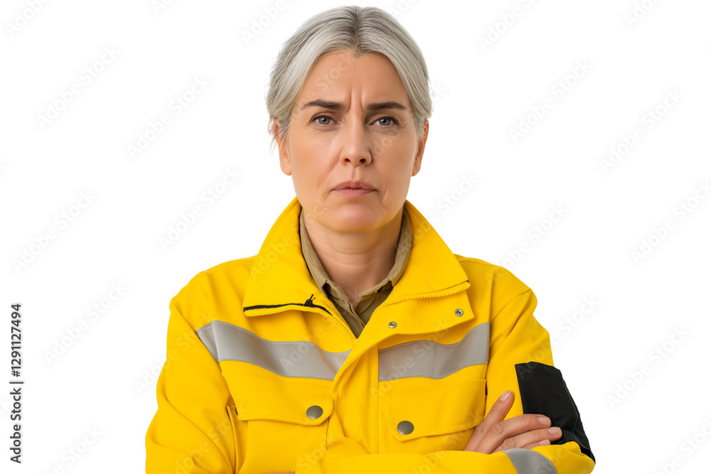 Grumpy middle-aged Russian female worker crossing arms isolated on transparent white background Grumpy middle-aged Russian female worker crossing arms isolated on transparent white background