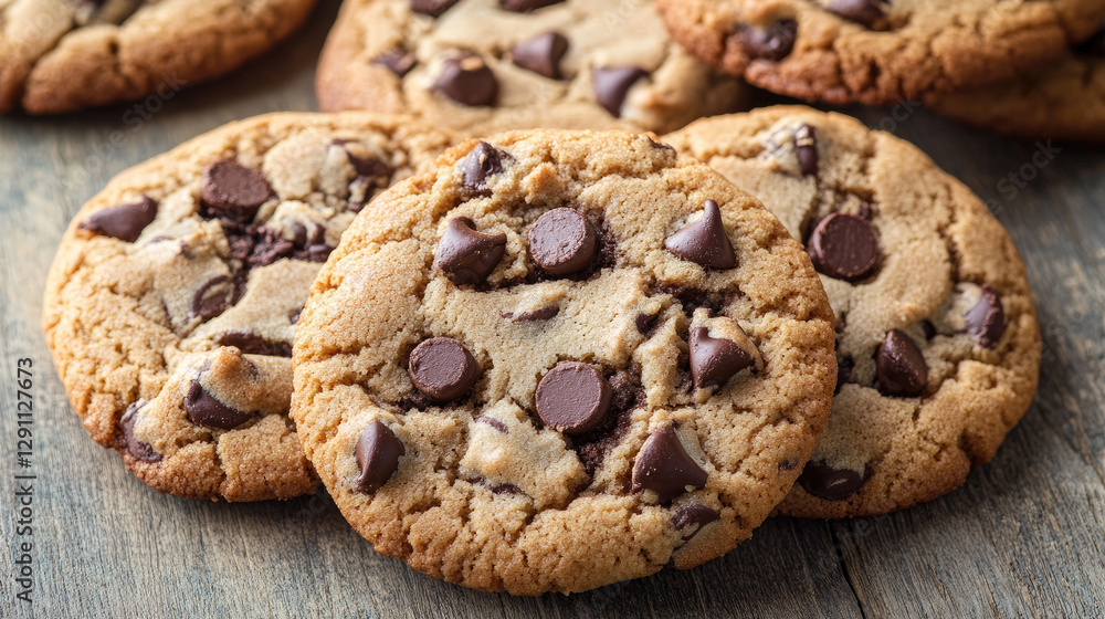 chocolate chip cookies on wooden table chocolate chip cookies on wooden table