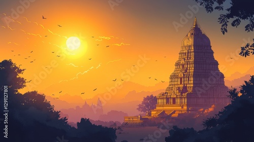 A serene sunset over a majestic temple, framed by lush trees and a vibrant sky. Generative AI Illustration