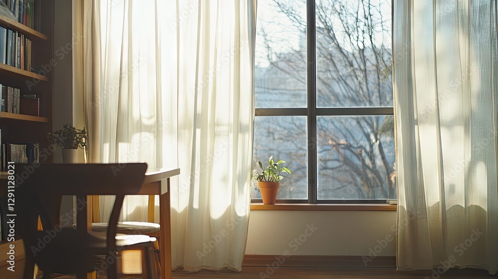 Fototapeta premium A cozy Scandinavian-style space with soft flowing curtains and layered textiles.