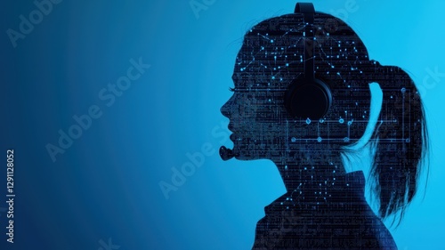 Woman with Headset Profile Silhouette Digital Technology Overlay Blue Background