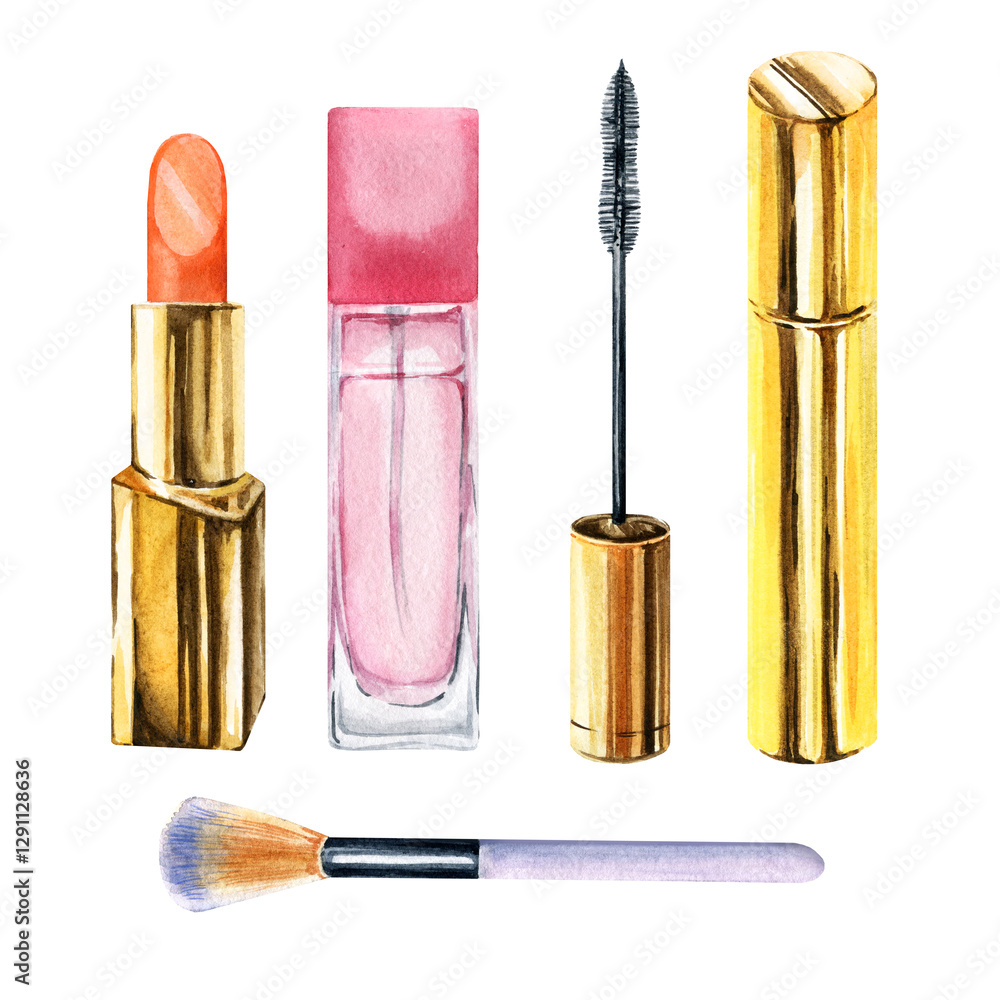 Φωτογραφία watercolor set with different beauty products, pink bottle of perfume, lipstick,