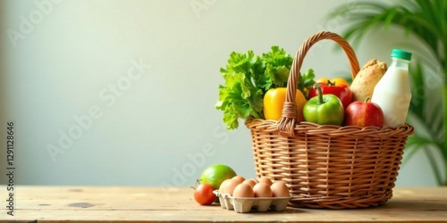 A wicker basket brimming with fresh produce, dairy, and baked goods, a wholesome collection of groceries ready for culinary creation on a rustic wooden surface