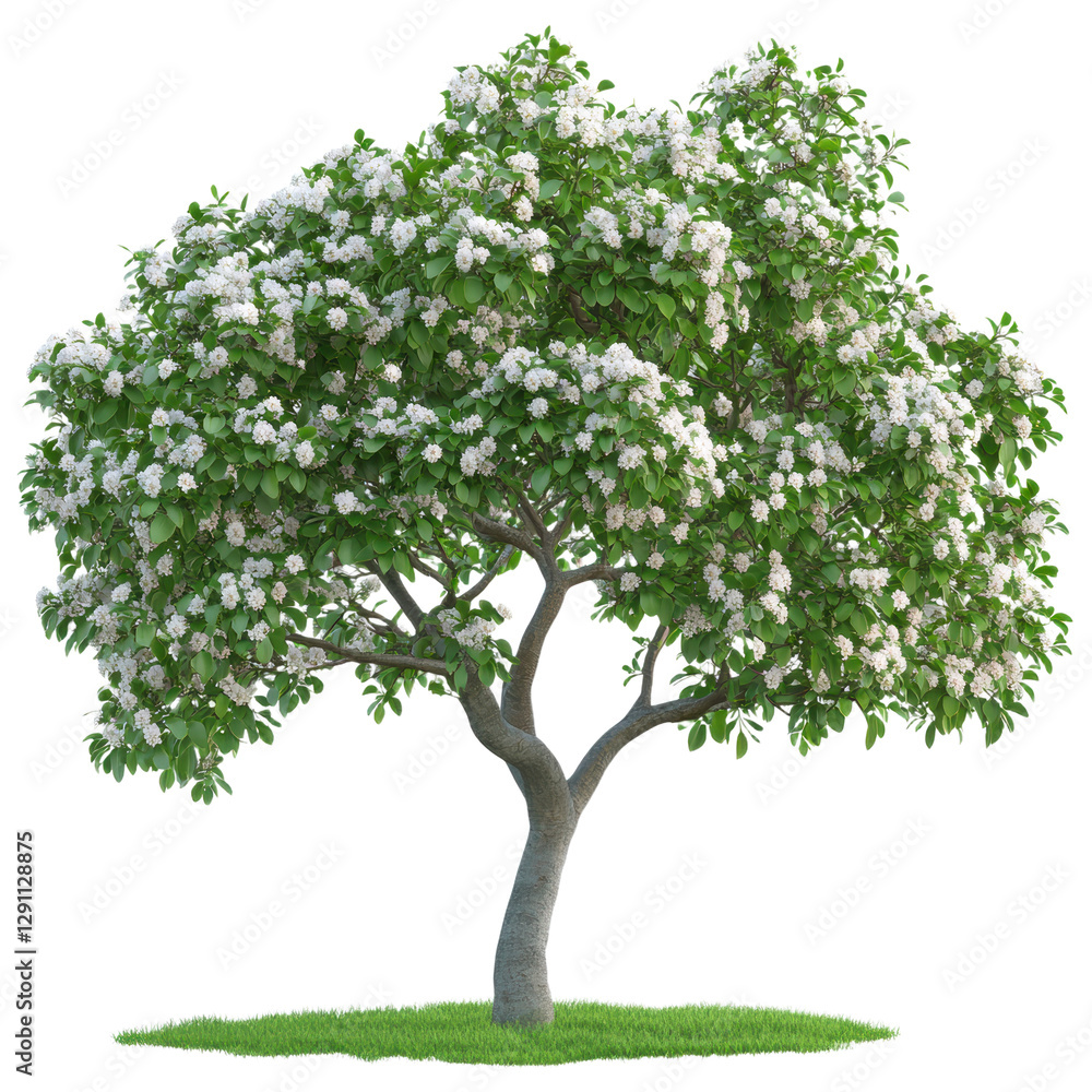 Blooming Tree with White Flowers and Green Leaves on White Background Blooming Tree with White Flowers and Green Leaves on White Background