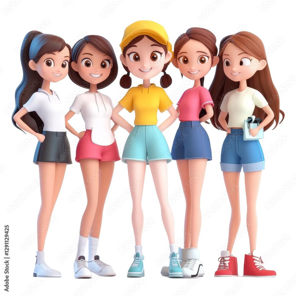 Obraz premium A group of cheerful student girls in colorful outfits posing together on a transparent background, Student Girls 3D Cartoon Character Group on transparent background