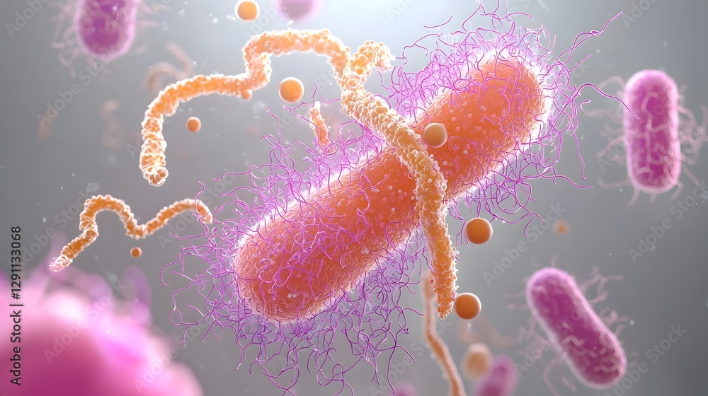 3D model of cocci bacteria interacting with immune cells illuminated by soft natural lighting