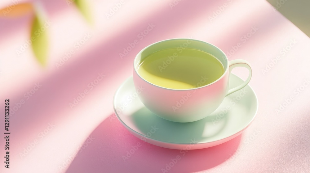 Pastel-colored teacup with a light green beverage sits on a saucer on a pink surface. Pastel-colored teacup with a light green beverage sits on a saucer on a pink surface.